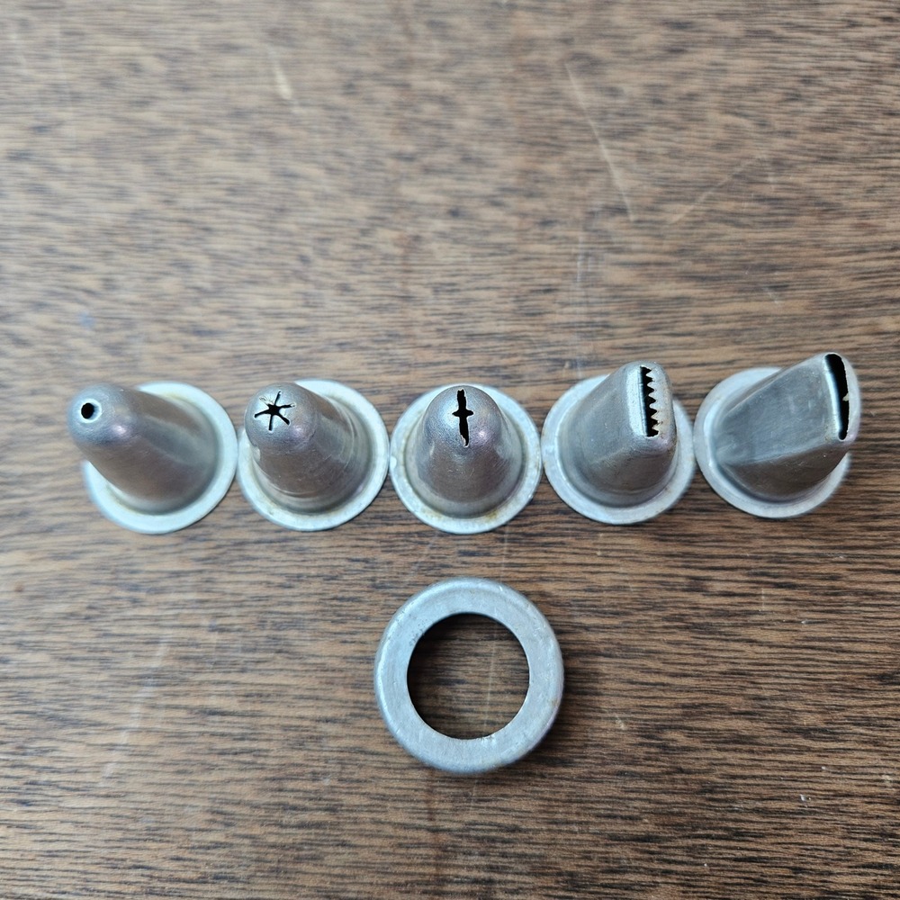 Aluminum‎ Icing Piping Tips and Coupler Ring Vtg Set of 6 Cake Decorating